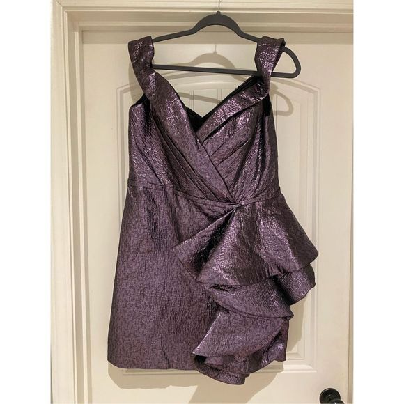 Mac Duggal Off Shoulder Metallic Amethyst Side Ruffle Cocktail Dress Size 14 - Picture 4 of 16